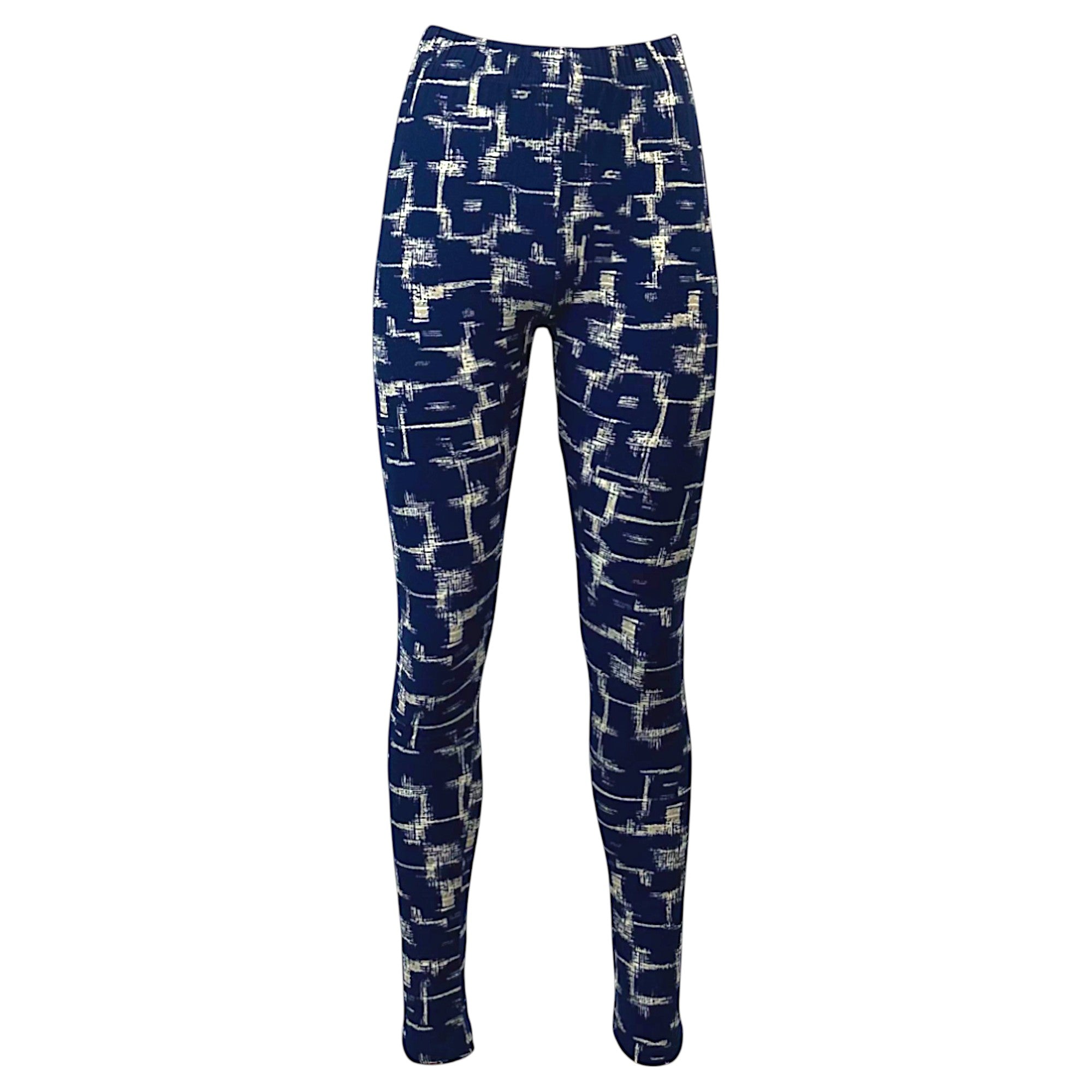 Women's navy blue leggings with beige Aztec-inspired abstract print, full-length stretch fit.